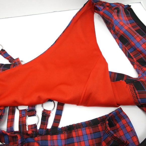 DOLLS KILL Silky Lined Red Plaid Bodysuit w Straps & O-Rings NWT Sz S - Picture 4 of 16